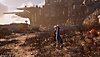 Final Fantasy VII Rebirth-skærmbillede af Cloud og Red XIII, der udforsker et øde landskab med en moderne by i baggrunden.