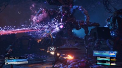 Captura de tela de Final Fantasy VII Rebirth com Cloud lutando contra um inimigo imenso e grotesco.