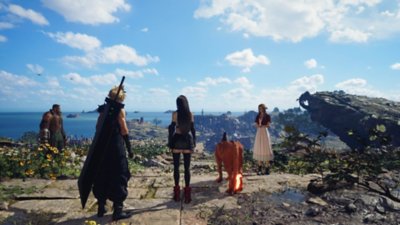 Capture d'écran de Final Fantasy VII Rebirth montrant Cloud, Tifa, Barret, Aerith et Red XIII qui admirent un magnifique paysage.