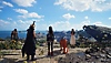 Final Fantasy VII Rebirth screenshot showing Cloud, Tifa, Barret, Aerith and Red XIII looking across a beautiful vista
