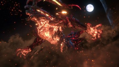 Captura de ecrã de Final Fantasy que mostra o misterioso Eikon negro, Ifrit, uma grande criatura semelhante a um dragão