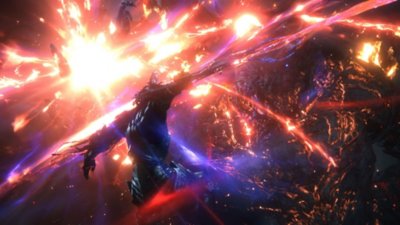 Final Fantasy XVI 스크린샷, Odin의 Dominant가 Eikon Ifrit와 싸우는 모습
