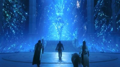 Obrázek z Final Fantasy XVI, který zobrazuje, jak se Clive a jeho družina blíží k Mateřskému krystalu