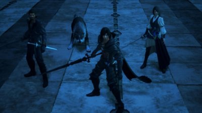 Captura de tela de Final Fantasy XVI mostrando um grupo de personagens pronto para a batalha