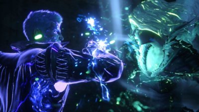 《Final Fantasy XVI》螢幕截圖，顯示Benedikta Harman與另一名顯化者對峙
