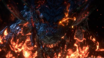 Captura de pantalla de Final Fantasy XVI que muestra al Eikon infernal Ifrit