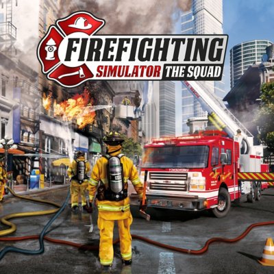 Firefighting Simulator: The Squad key art showing a fire fighter at the scene of a fire.