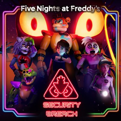 Five Nights at Freddy's Security Breach glavna slika na kateri liki pozirajo z velikimi oranžnimi očmi v ozadju.