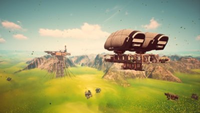 Forever Skies screenshot showing an airship over a lush green landscape