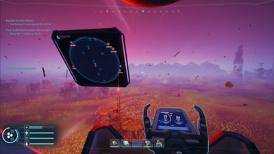 Snímek obrazovky ze hry Forever Skies zobrazující pohled z kokpitu s výhledem na povrch planety