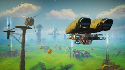 Forever Skies screenshot showing an airship flying low to the ground