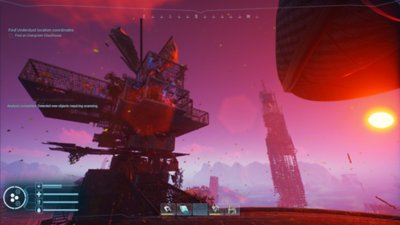 Snímek obrazovky ze hry Forever Skies zobrazující budovu před purpurovou oblohou