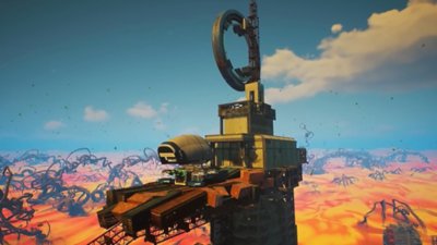Snímek obrazovky ze hry Forever Skies zobrazující vzducholoď na pusté pláni na vysoké budově v mimozemsky vyhlížející krajině