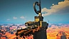 Zrzut ekranu z gry Forever Skies przedstawiający sterowiec zacumowany przy wysokiej konstrukcji w obcym krajobrazie.