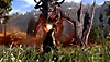 Forspoken screenshot showing Frey facing-off against a dragon-like creature