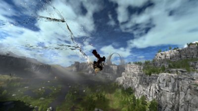 Forspoken screenshot showing Frey flying through the air