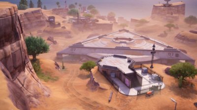 Fortnite Chapter 7 Season 1 screenshot showing a triangular shaped bunker in the desert
