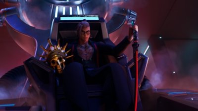 Fortnite Chapter 4 Season 4 screenshot showing a character sitting in a throne-like chair in a dark room
