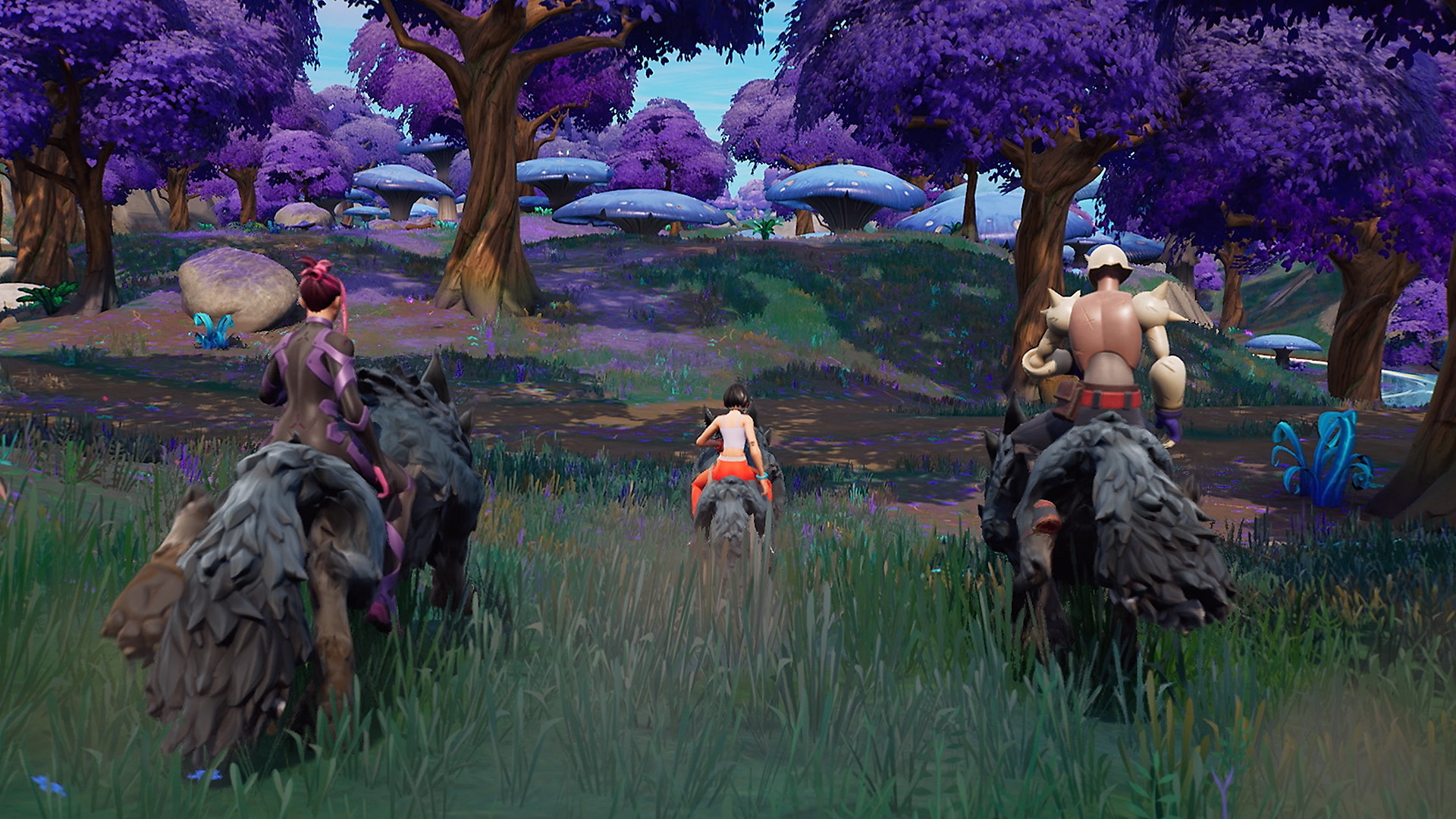 Fortnite – zrzut ekranu 3. rozdziału 3. sezonu z postaciami ujeżdżającymi stwory