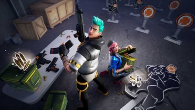 Fortnite screenshot showing two characters preparing weapons and ammo, surrounded by target practice boards