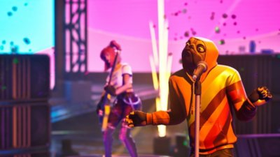 Fortnite Festival – Capture d'écran montrant un personnage avec une tête de chien en train de chanter dans un micro