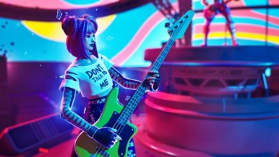 Fortnite Festival screenshot showing a character playing a bass guitar