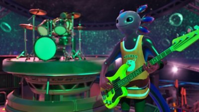 Fortnite Festival Saison 3 – Capture d’écran montrant un bassiste ressemblant à une salamandre