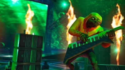 Fortnite Festival - captura de ecrã da Temporada 3 que mostra uma personagem semelhante a um cão com um capuz a tocar guitarra com teclado