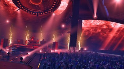 Screenshot aus Fortnite Festival Saison 3, der eine große Bühne mit roter Beleuchtung zeigt
