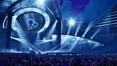 Fortnite Festival Saison 3 – Capture d’écran montrant une grande scène éclairée par des lumières bleues