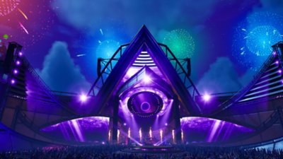 Fortnite Festival Saison 3 – Capture d’écran montrant une énorme scène pyramidale éclairée par des lumières violettes