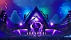 Fortnite Festival Season 3 screenshot showing a huge pyramid-shaped stage in purple lights
