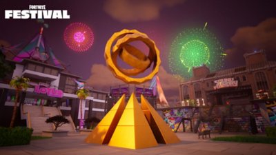 Fortnite Festival Season 6 screenshot showing a golden pyramid with a set of rotating circles above it