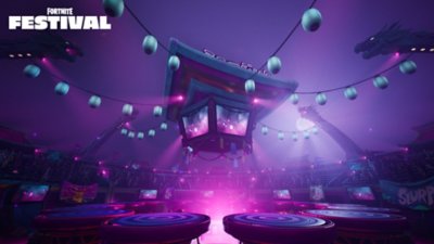 Fortnite Festival Season 7 screenshot showing another angle of the circular stage underneath the blue lanterns and focusing on the square structure in the middle, and purple light is glowing from the bottom of the stage