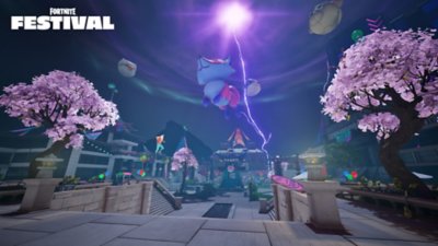 Fortnite Festival Season 7 screenshot showing a stage with stone steps and cherry blossom trees on the left and right, with a fox balloon in the air and a purple lightning bolt striking the ground