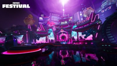 Fortnite Festival Season 7 screenshot showing a stage with purple neon lighting and a pagoda structure in the centre ahead of a small pond