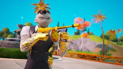 لقطة شاشة من Fortnite ريمكس الفصل 2 تعرض شخصية تشبه القطة تصوب رشاش طومسون