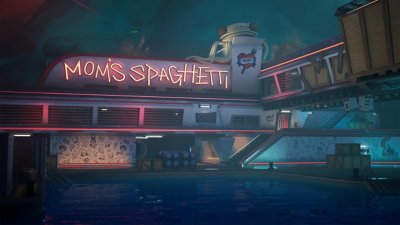 Captura de tela do Fortnite Remix Capítulo 2 mostrando um restaurante chamado Mom's Spaghetti