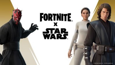 Arte promocional de Fortnite x Star Wars que muestra a Anakin Skywalker, Padmé Amidala y Darth Maul