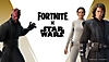 Arte promocional de Fortnite x Star Wars mostrando Anakin Skywalker, Padmé Amidala e Darth Maul