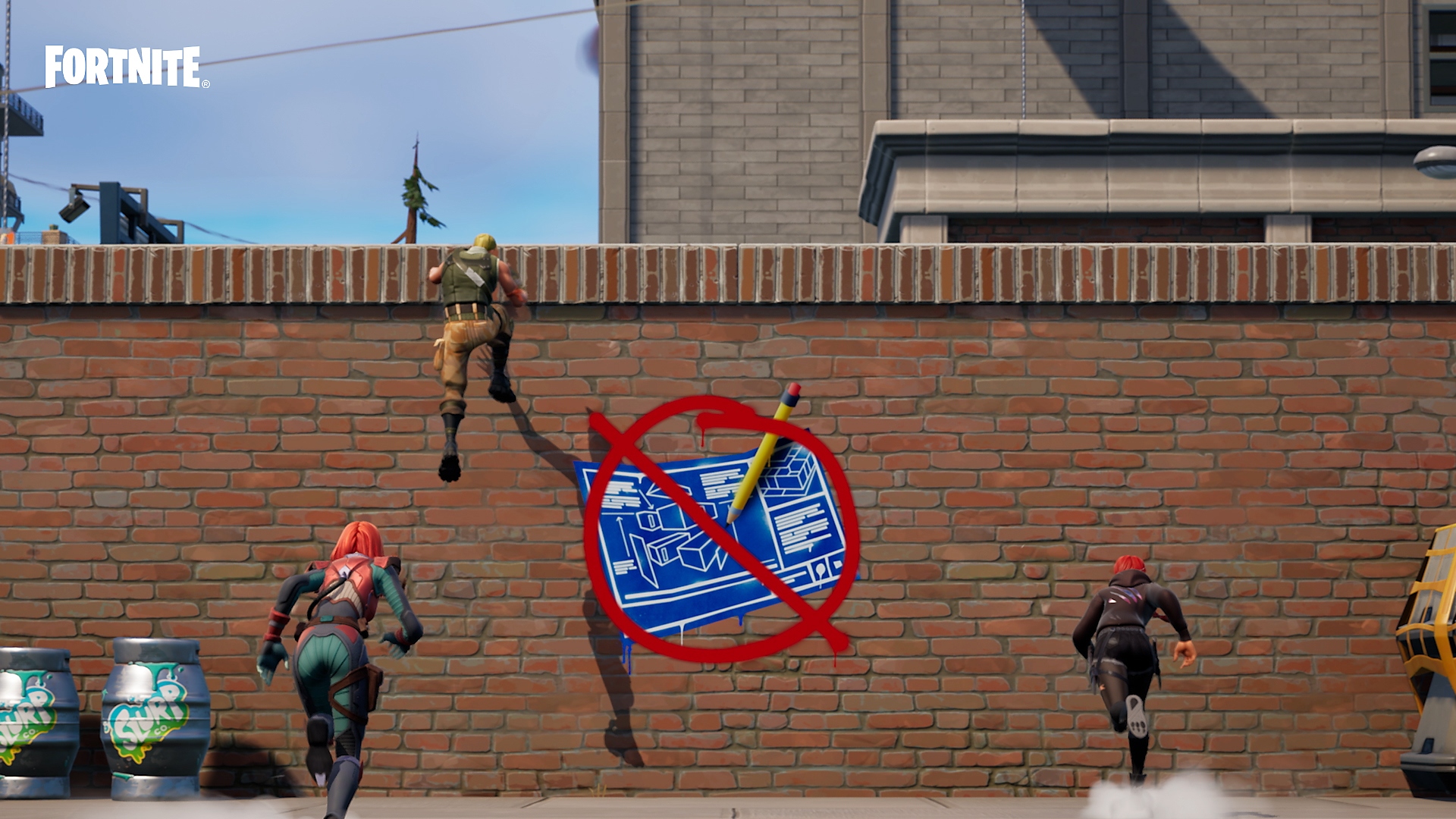 Fortnite zero build mode - characters climbing a wall