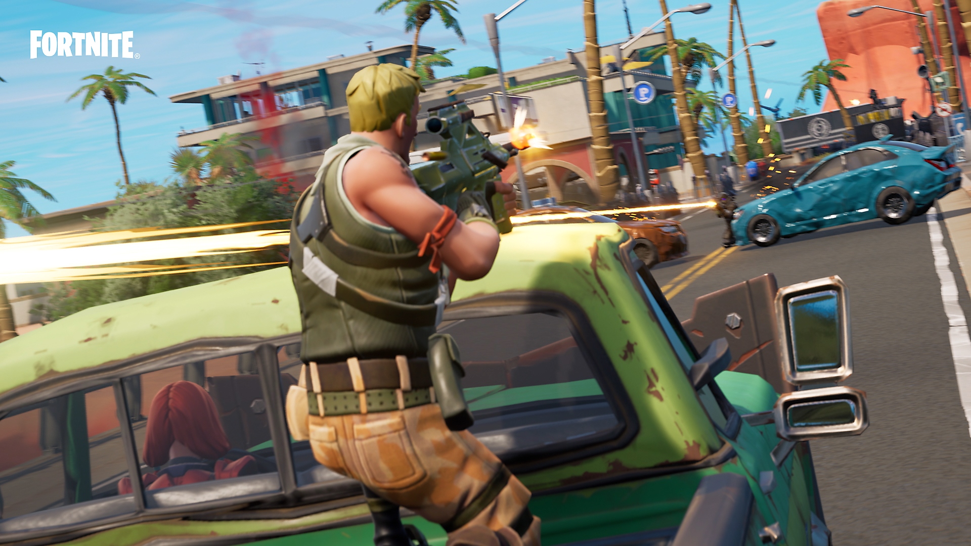 Fortnite zero build mode - character shooting while taking cover in a pickup truck