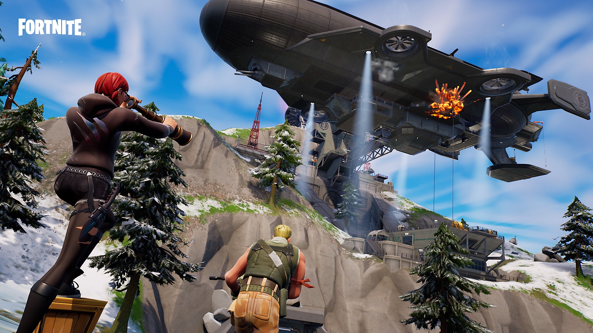 Fortnite zero build mode - characters climbing a cliff toward a large aircraft