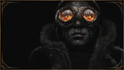 《Frostpunk 2》主题宣传海报：一个人戴着护目镜，镜中反射着火光