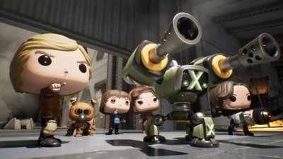 Funko Fusion screenshot showing Battlestar Galactica characters using large guns