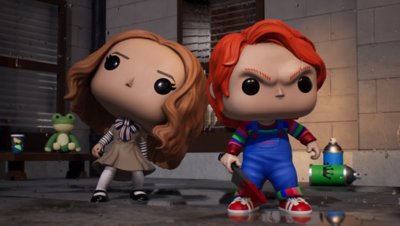 Funko Fusion screenshot showing characters M3gan and Chucky