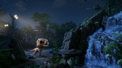 Funko Fusion screenshot showing a Funko-style raptor in the game world based on Jurassic World