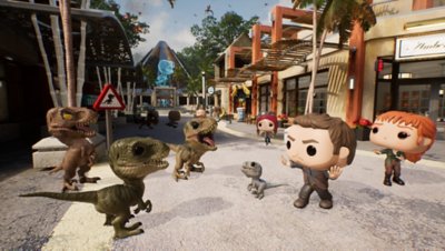 Captura de tela de Funko Fusion mostrando personagens de Jurassic World