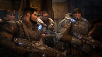 Gears of War: Reloaded – Capture d’écran montrant Marcus Fenix et Dominic Santiago en pleine discussion