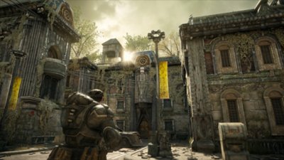 Gears of War: Reloaded – Capture d’écran montrant Marcus Fenix devant un bâtiment en ruine